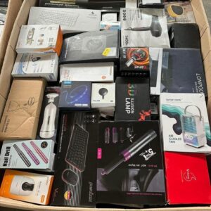 Wholesale mixed electronics pallet shrink wrapped in warehouse ready for shipping.