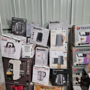 Wholesale household appliances pallet shrink wrapped in warehouse ready for shipping.